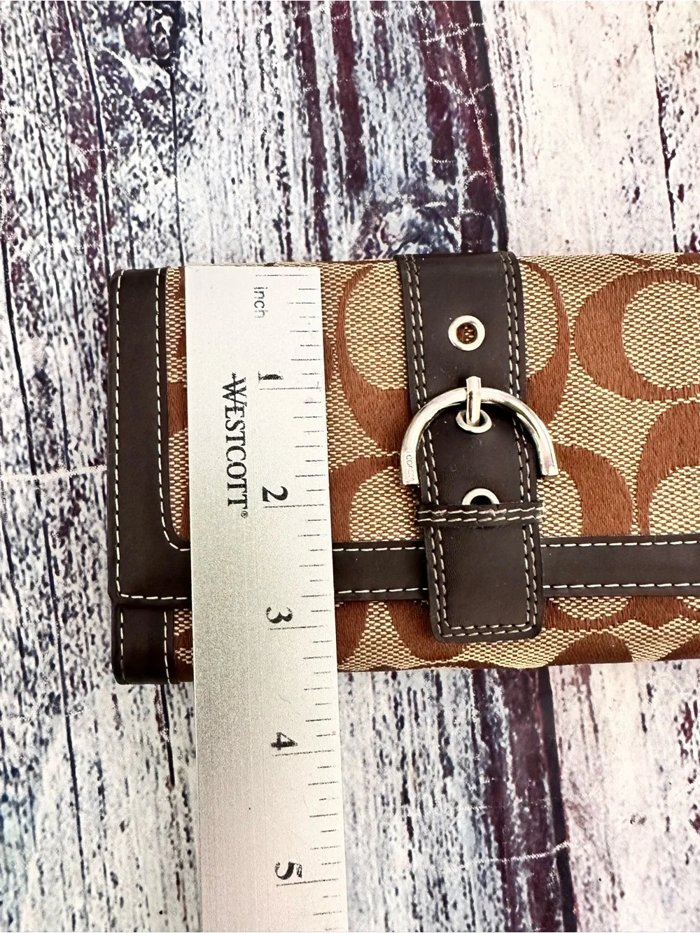 Coach Signature Pattern Buckle Continental Wallet in Brown